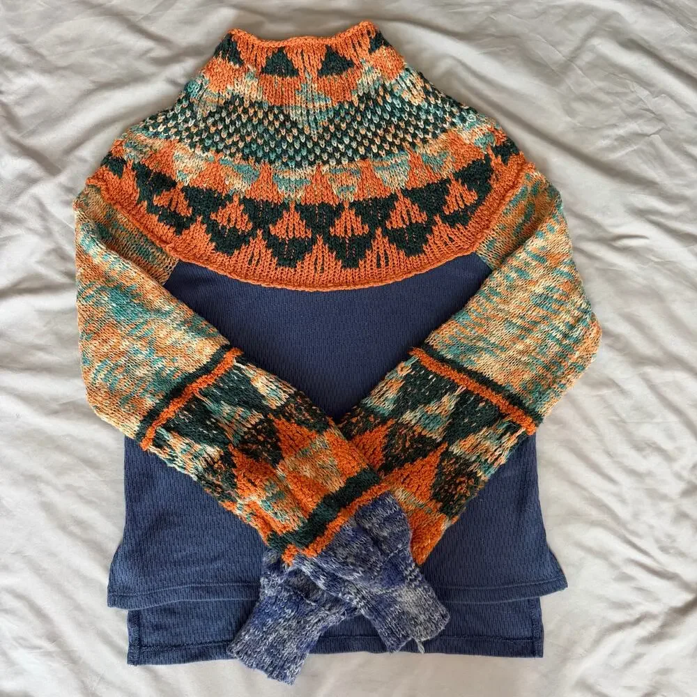 Free People Layered Fair Isle Sweater Women's Small S Orange Blue Knit